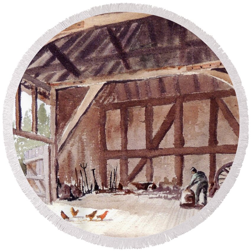 Old Barns Round Beach Towel featuring the painting Old Barn At Amberley Sussex by Bill Holkham
