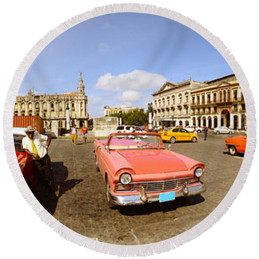 Photography Round Beach Towel featuring the photograph Old Cars On Street, Havana, Cuba by Panoramic Images