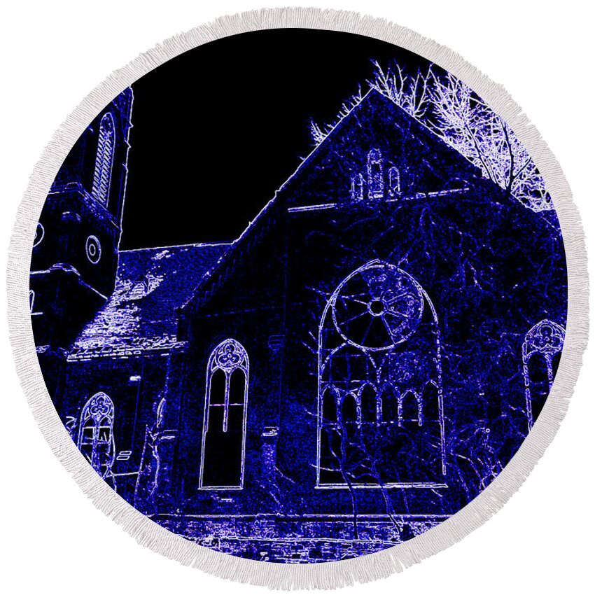  Round Beach Towel featuring the photograph Old Church in Blue Neon by Kelly Awad