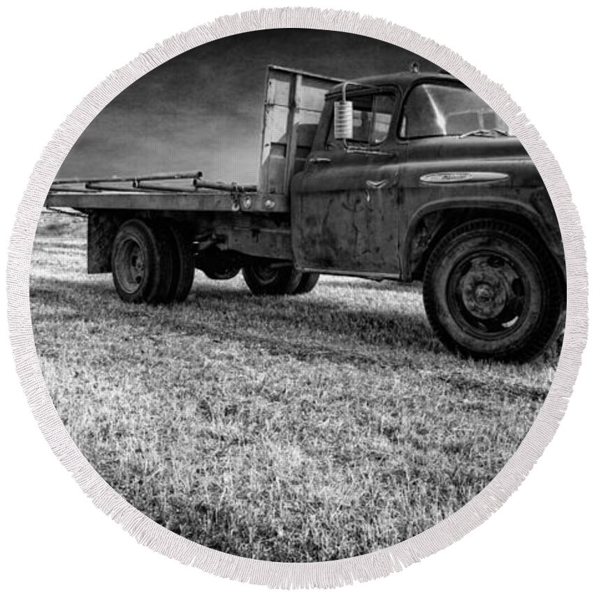 Truck Round Beach Towel featuring the photograph Old Farm Truck Black and White by Edward Fielding