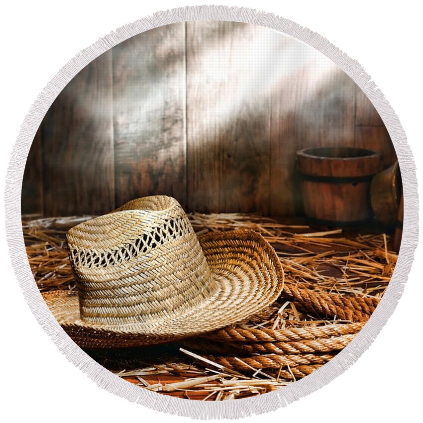 Ranch Round Beach Towel featuring the photograph Old Farmer Hat and Rope by Olivier Le Queinec
