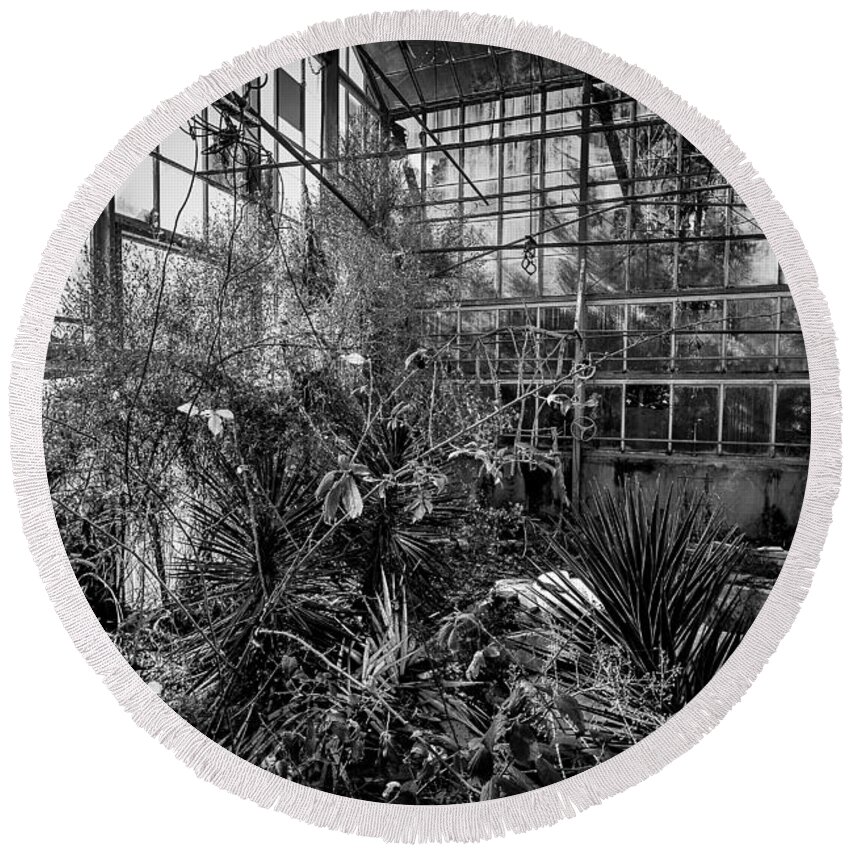 Greenhouse Round Beach Towel featuring the photograph Old Greenhouse one by Ken Frischkorn