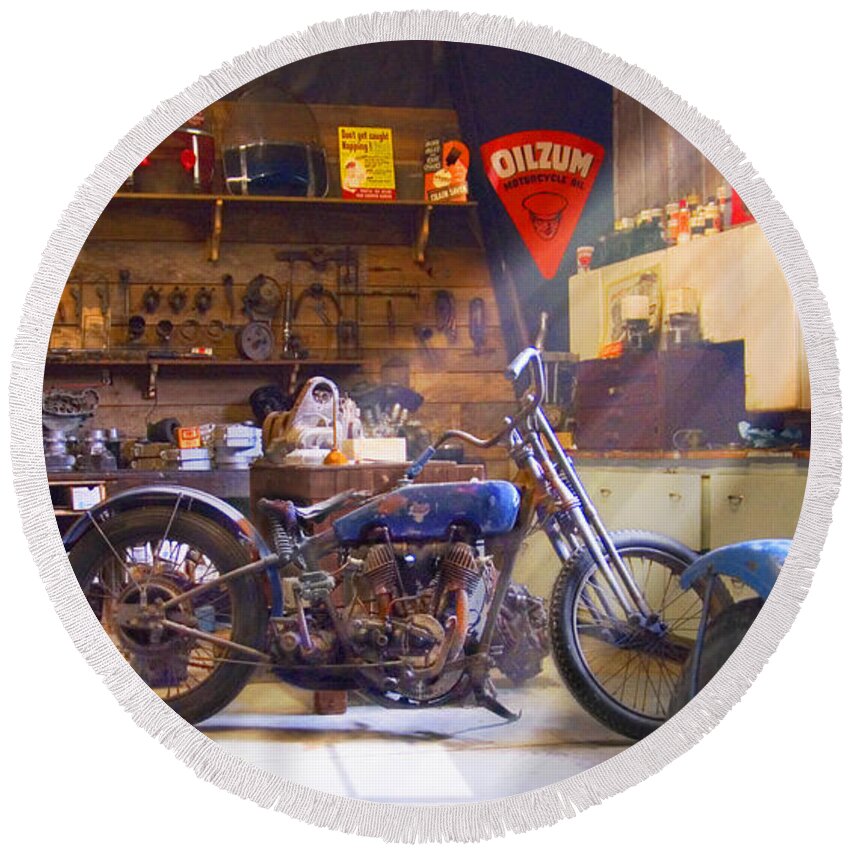 Motorcycle Shop Round Beach Towel featuring the photograph Old Motorcycle Shop 2 by Mike McGlothlen