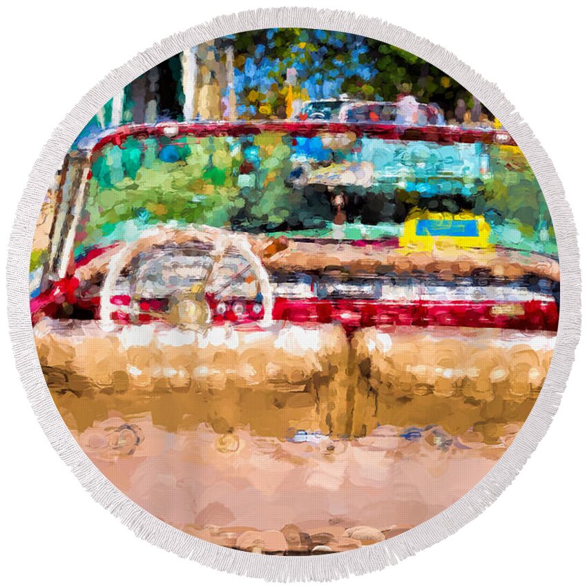 Car Round Beach Towel featuring the photograph Old red convertible by Les Palenik