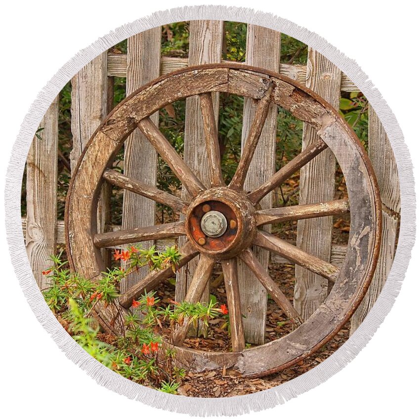 Wooden Wagon Wheel Round Beach Towel featuring the photograph Old Spare Wheel by Chris Thaxter