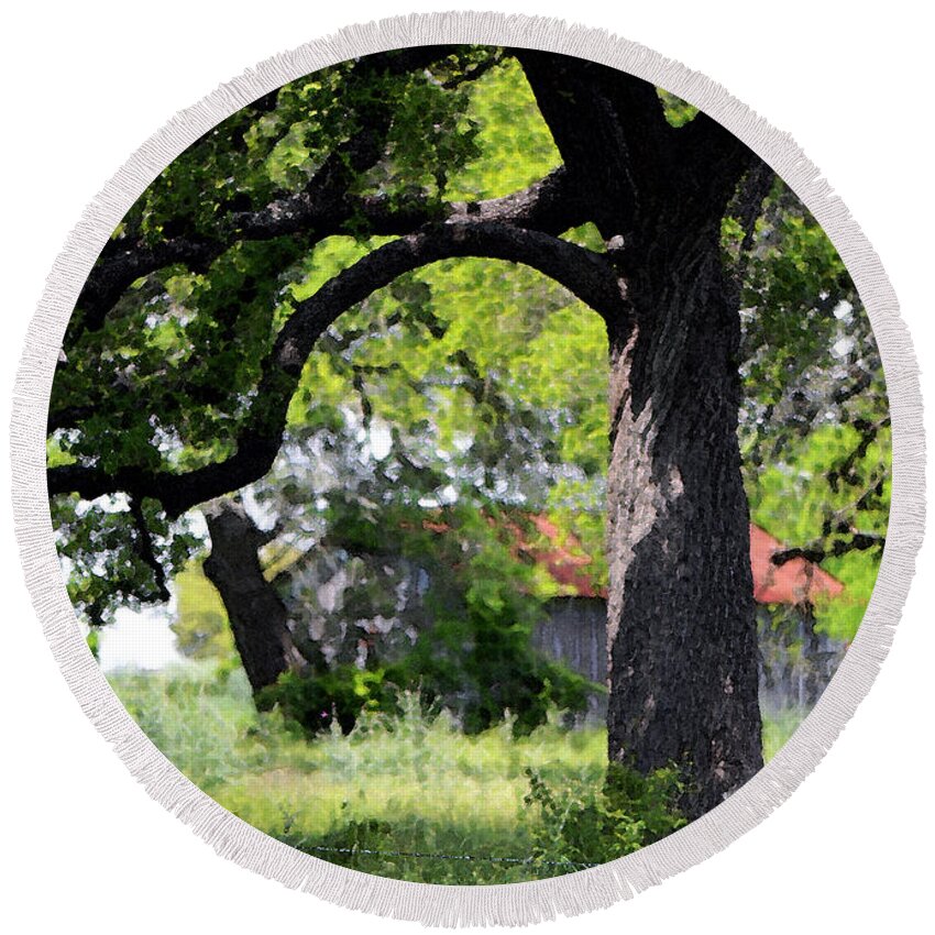 Texas Landscape Round Beach Towel featuring the photograph Old Texas Oak Tree by Connie Fox