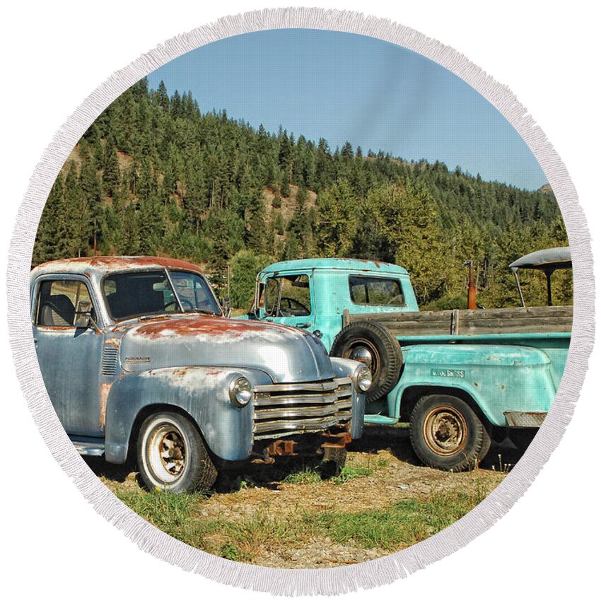 Trucks Round Beach Towel featuring the photograph Old Timers by Donna Blackhall