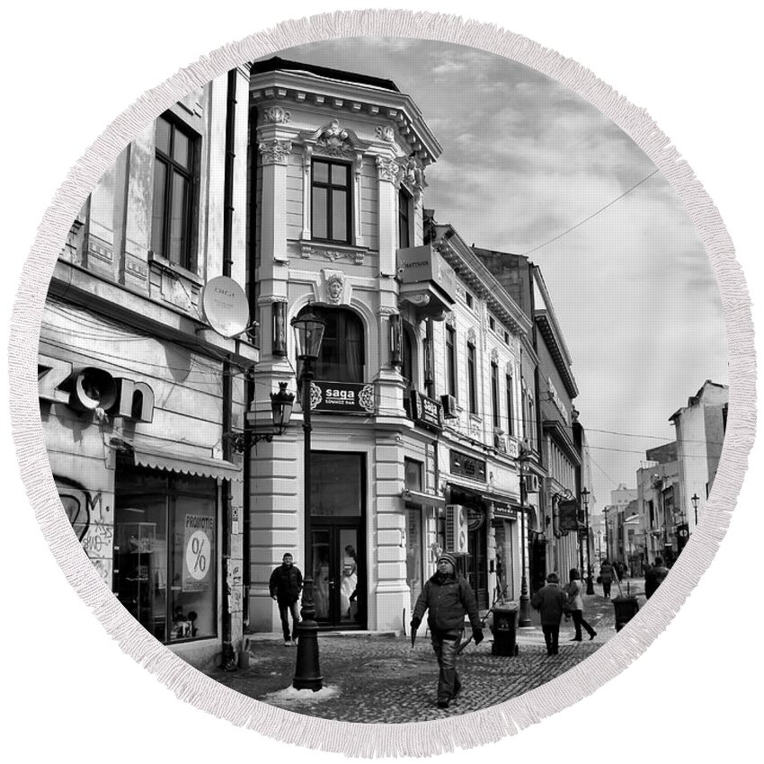 Old Town Bucharest Round Beach Towel featuring the photograph Old Town of Bucharest - Romania/ Black and White by Daliana Pacuraru
