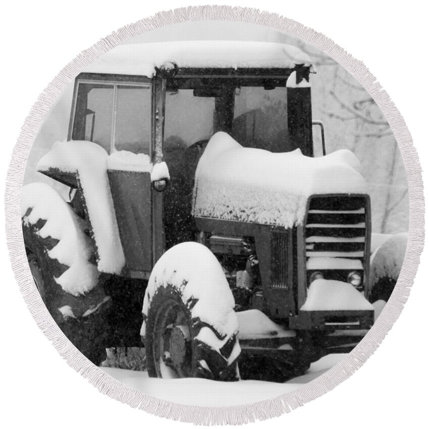 Snow Round Beach Towel featuring the photograph Old Tractor in the Snow by Holden The Moment