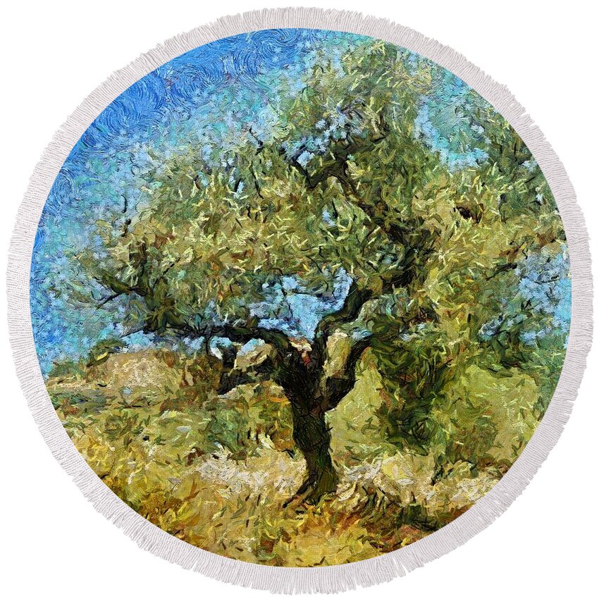 Landscapes Round Beach Towel featuring the mixed media Olive tree on Van Gogh manner by Dragica Micki Fortuna