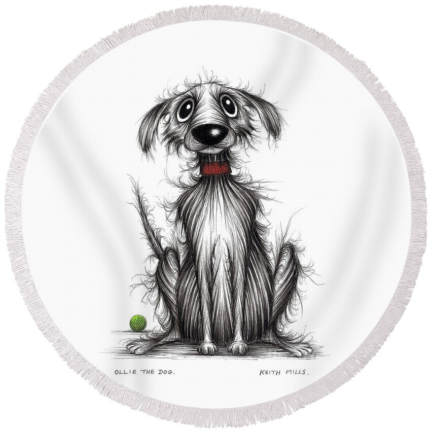 Ollie The Dog Round Beach Towel featuring the drawing Ollie the dog by Keith Mills
