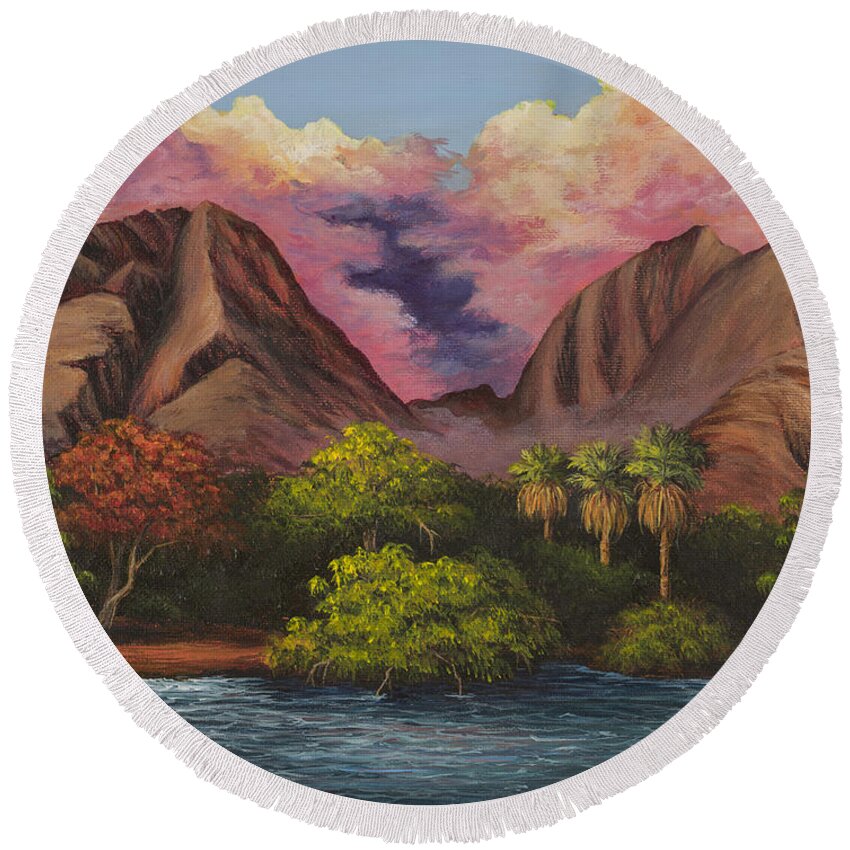 Landscape Round Beach Towel featuring the painting Olowalu Valley by Darice Machel McGuire