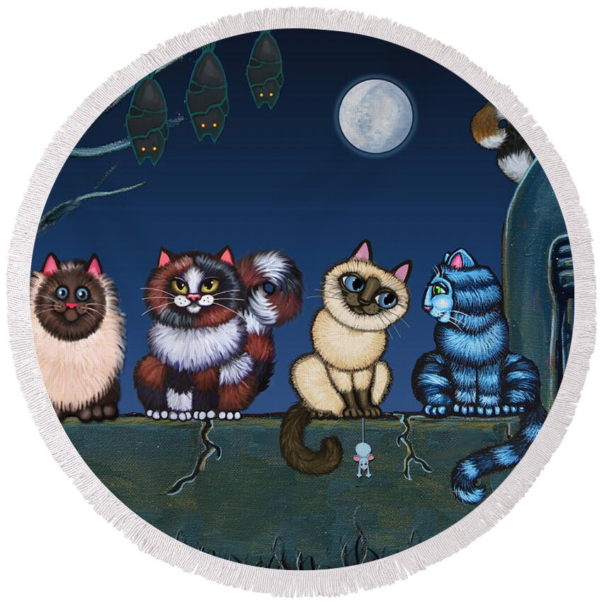 Cat Round Beach Towel featuring the painting On An Adobe Wall by Victoria De Almeida