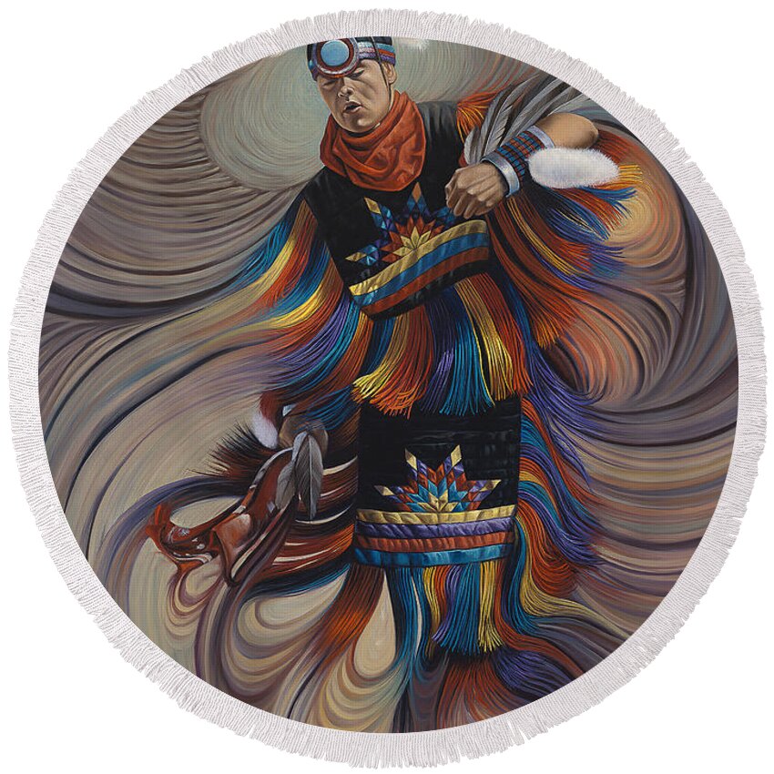 Native-american Round Beach Towel featuring the painting On Sacred Ground Series II by Ricardo Chavez-Mendez