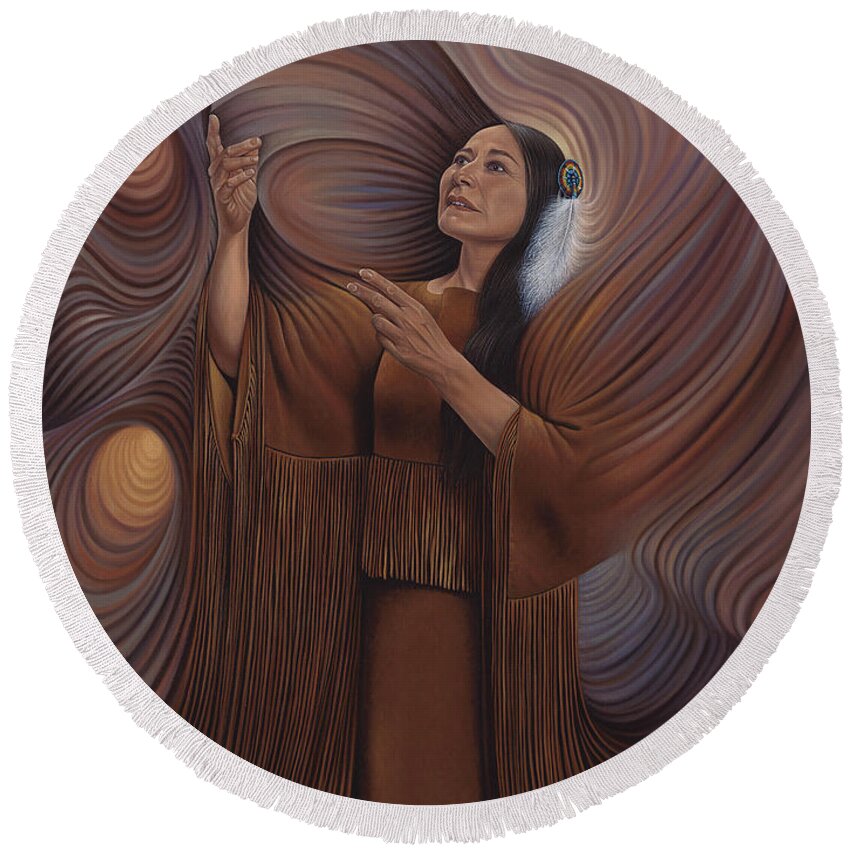 Bonnie-jo-hunt Round Beach Towel featuring the painting On Sacred Ground Series V by Ricardo Chavez-Mendez