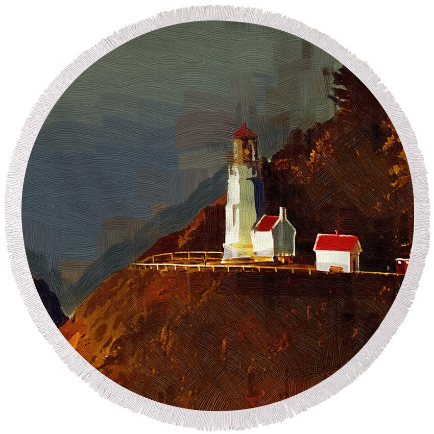 Lighthouse Round Beach Towel featuring the painting On The Bluff by Kirt Tisdale