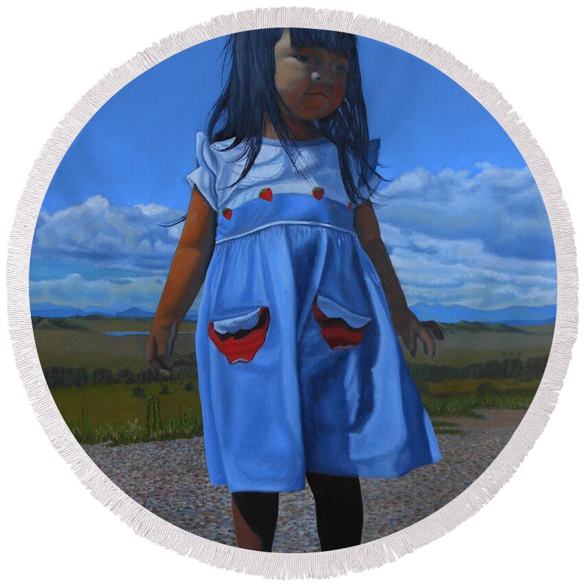 Children Paintings Round Beach Towel featuring the painting On the divide by Thu Nguyen