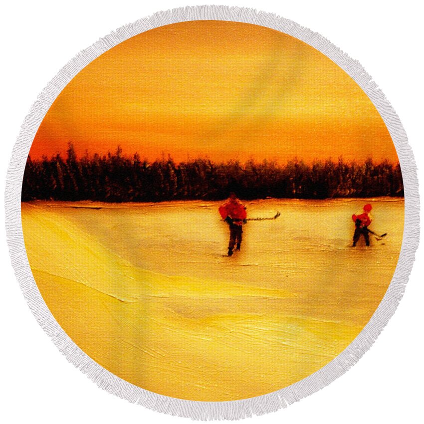 Shinny Hockey Painting Round Beach Towel featuring the painting On the Pond with Dad by Desmond Raymond
