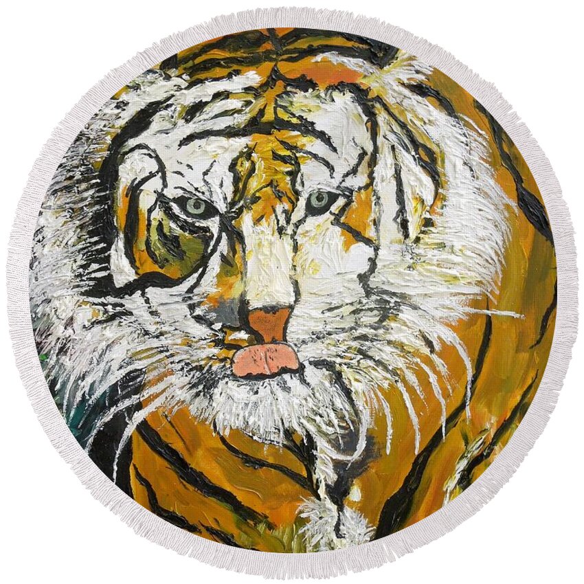 Tongue Round Beach Towel featuring the painting On The Prowl by Randolph Gatling