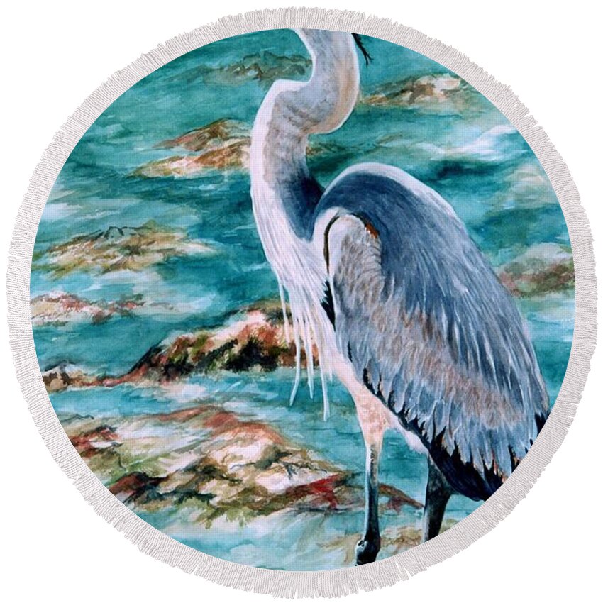 Great Blue Heron Round Beach Towel featuring the painting On the Rocks Great Blue Heron by Roxanne Tobaison
