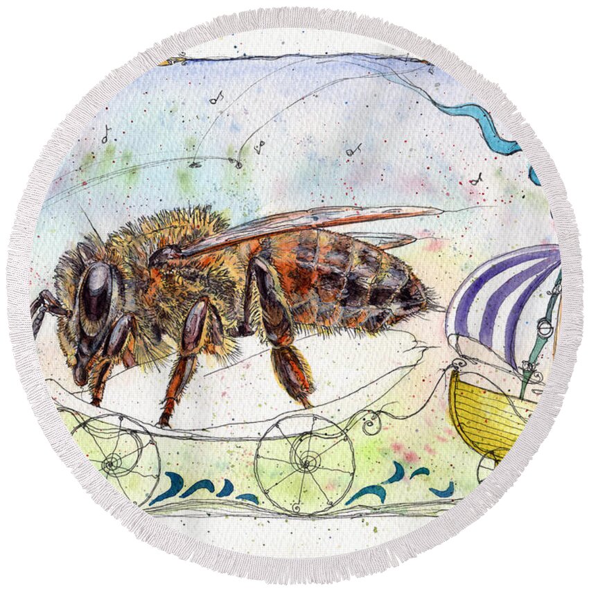 Bees Round Beach Towel featuring the painting On Wheels by Petra Rau