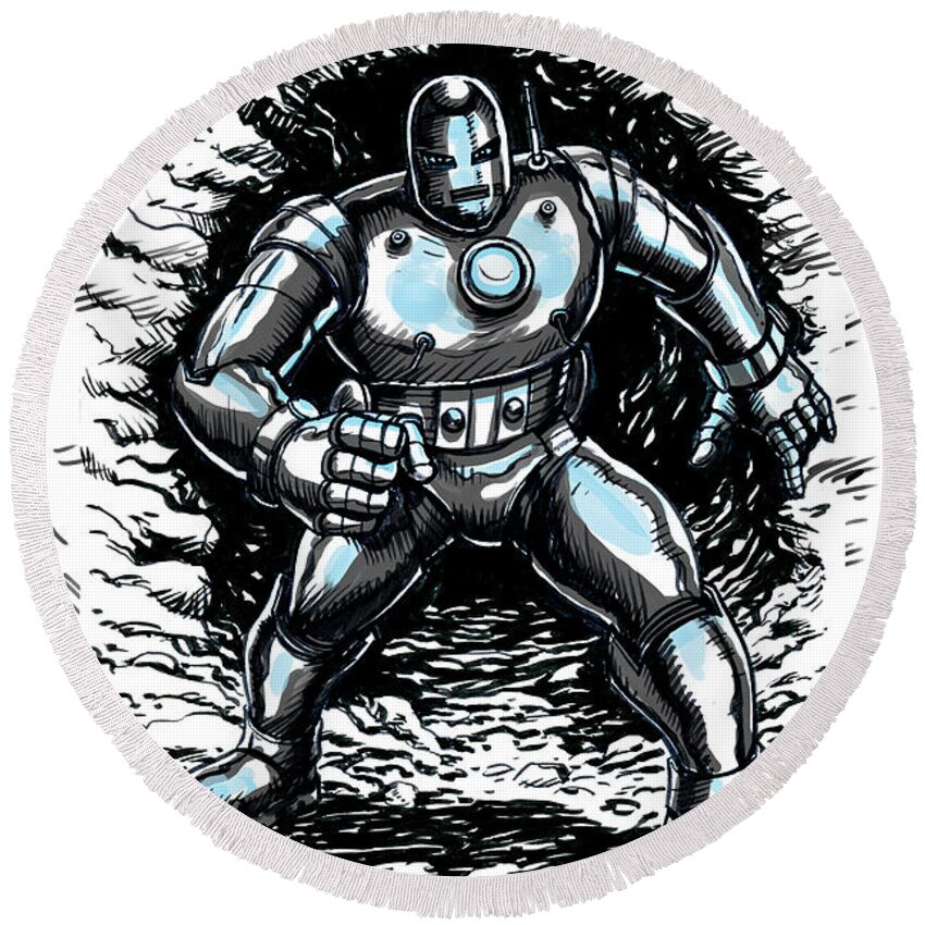 Iron Man Round Beach Towel featuring the drawing One Small Step for Iron Man by John Ashton Golden