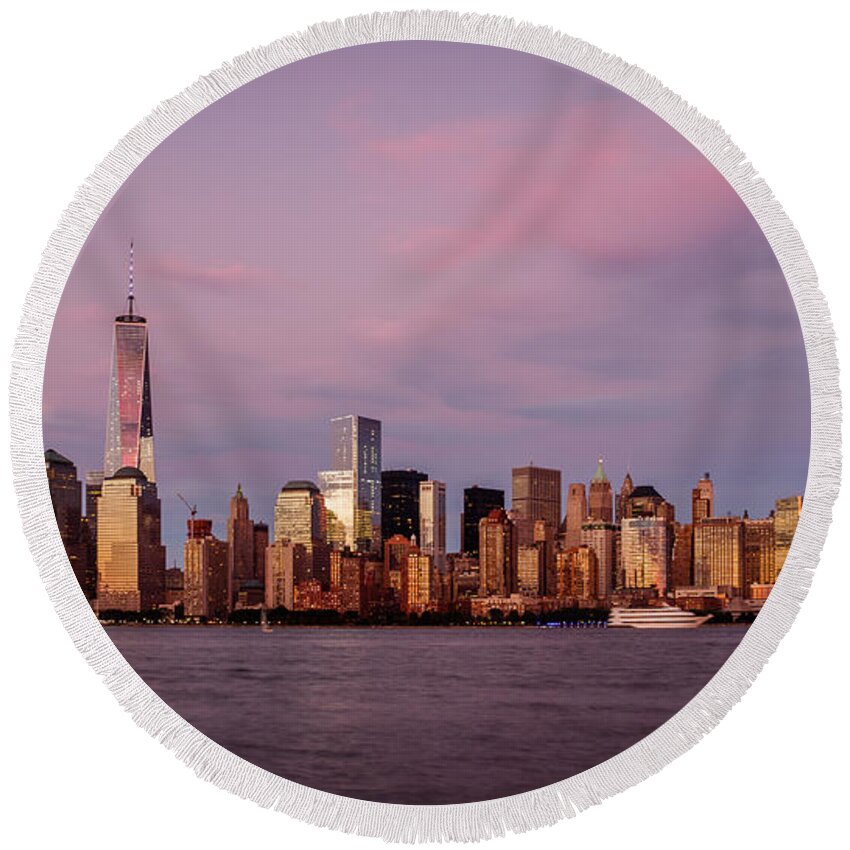 1wtc Round Beach Towel featuring the photograph One WTC Lower Manhattan and the Harvest Moon by SAURAVphoto Online Store