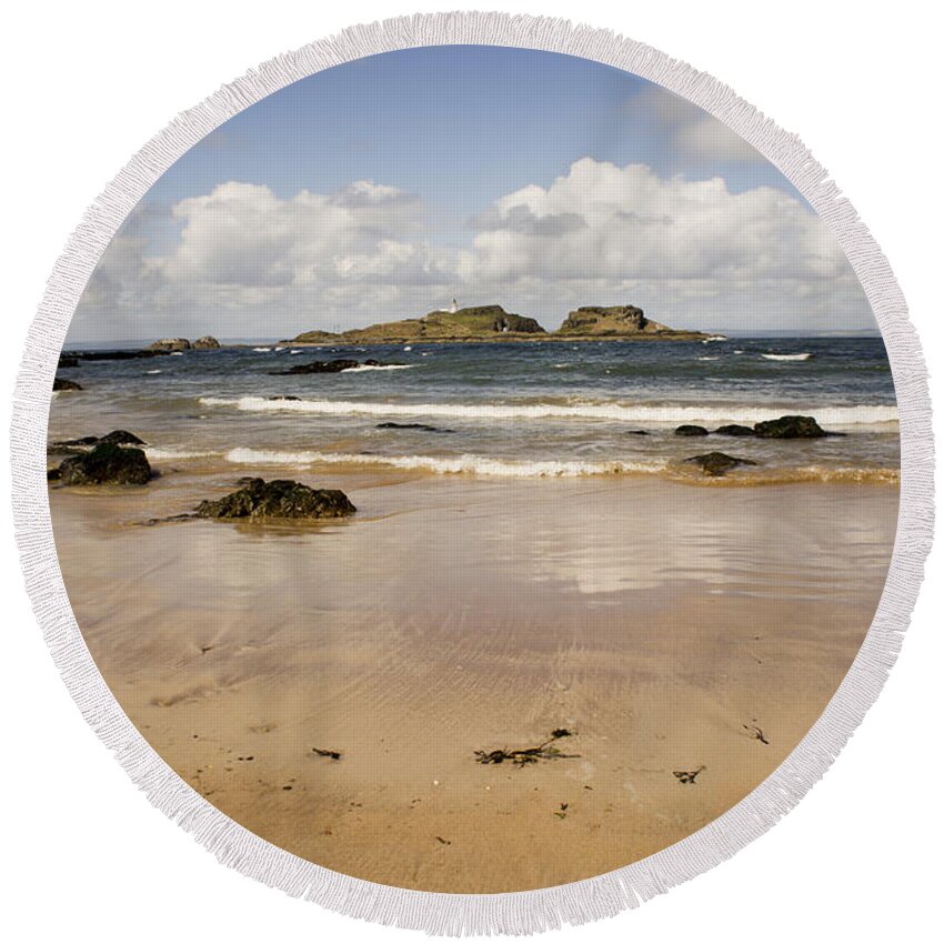 Fidra Lighthouse And Seashore Round Beach Towel featuring the photograph Only clouds from skies by Elena Perelman