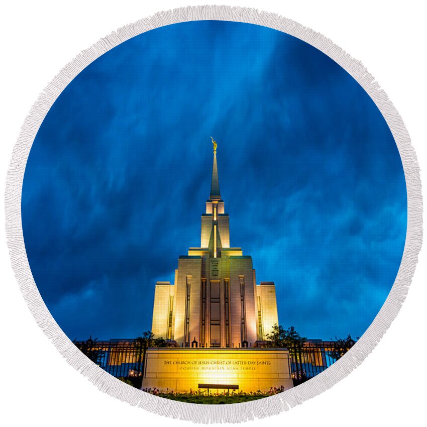 Oquirrh Mountain Round Beach Towel featuring the photograph Oquirrh Mountain LDS Temple Evening Thunderstorm by Gary Whitton