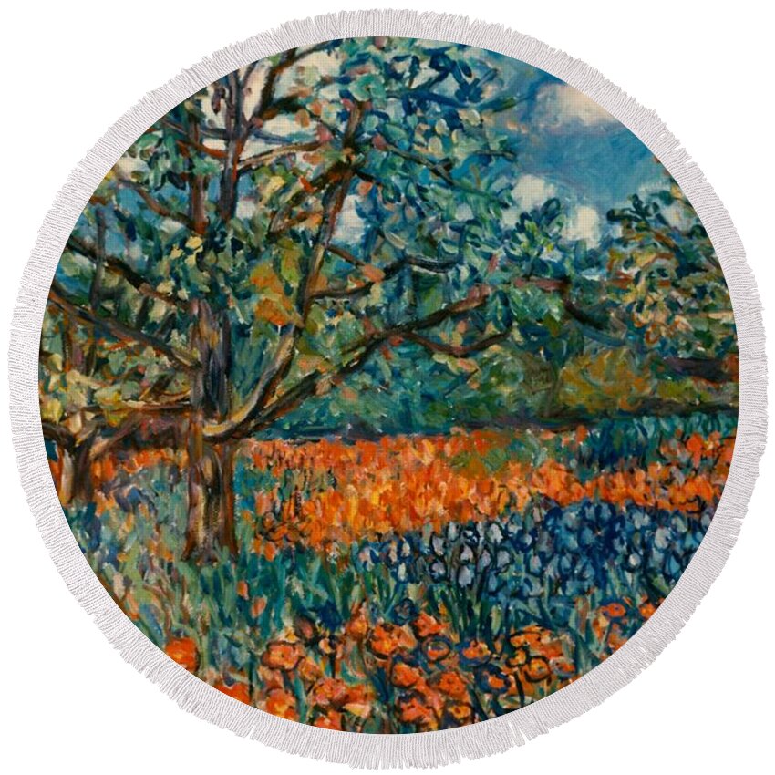 Flowers Round Beach Towel featuring the painting Orange and Blue Flower Field by Kendall Kessler