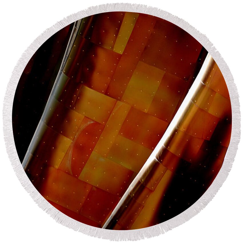 Sun Reflection Copper Shingles Siding Yellows Golds Oranges Experience Music Project Seattle Wa Round Beach Towel featuring the photograph Orange Copper by Holly Blunkall