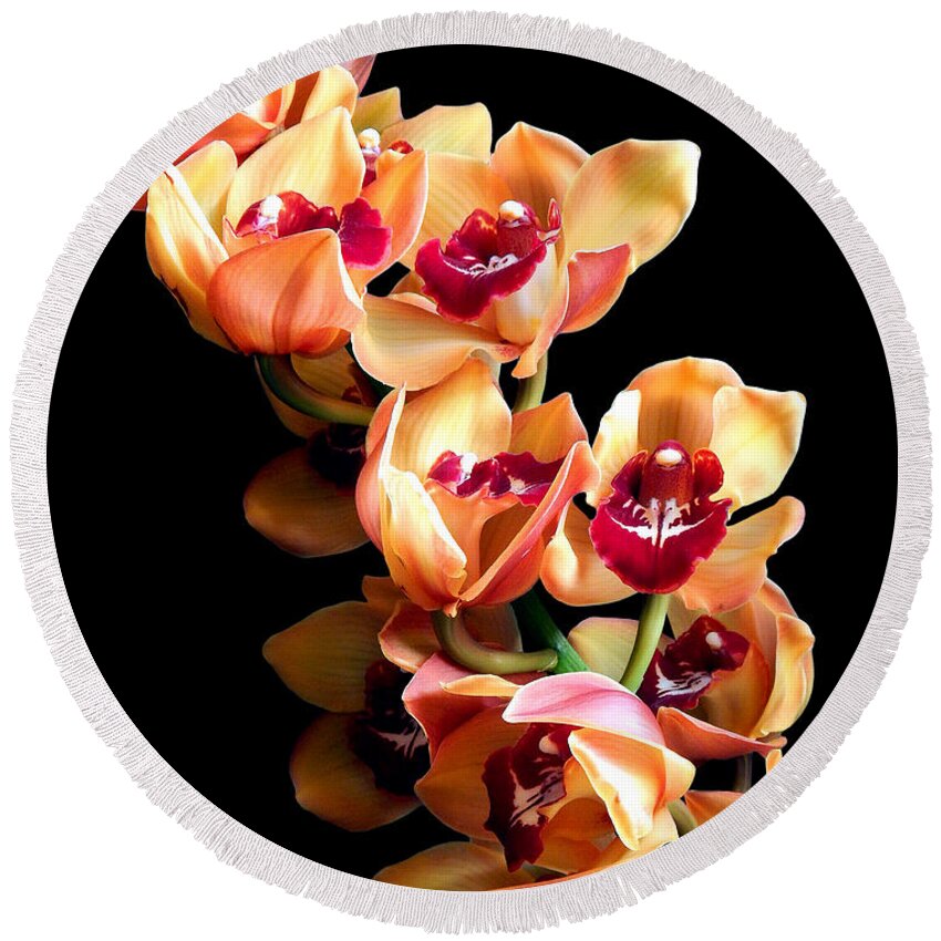 Flowers Round Beach Towel featuring the photograph Orange Cymbidium Still Life Flower Art Poster by Lily Malor