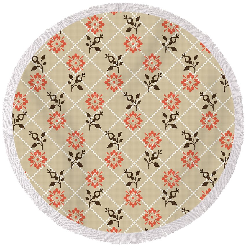 Flower Round Beach Towel featuring the mixed media Orange Floral Pattern by Christina Rollo