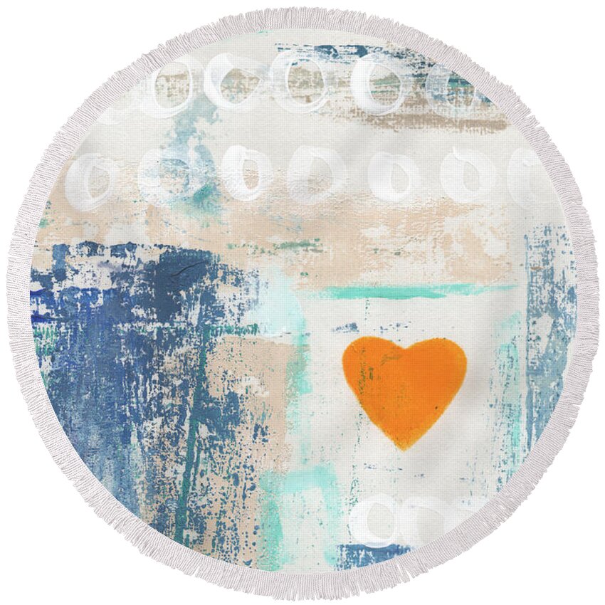Heart Round Beach Towel featuring the painting Orange Heart- abstract painting by Linda Woods