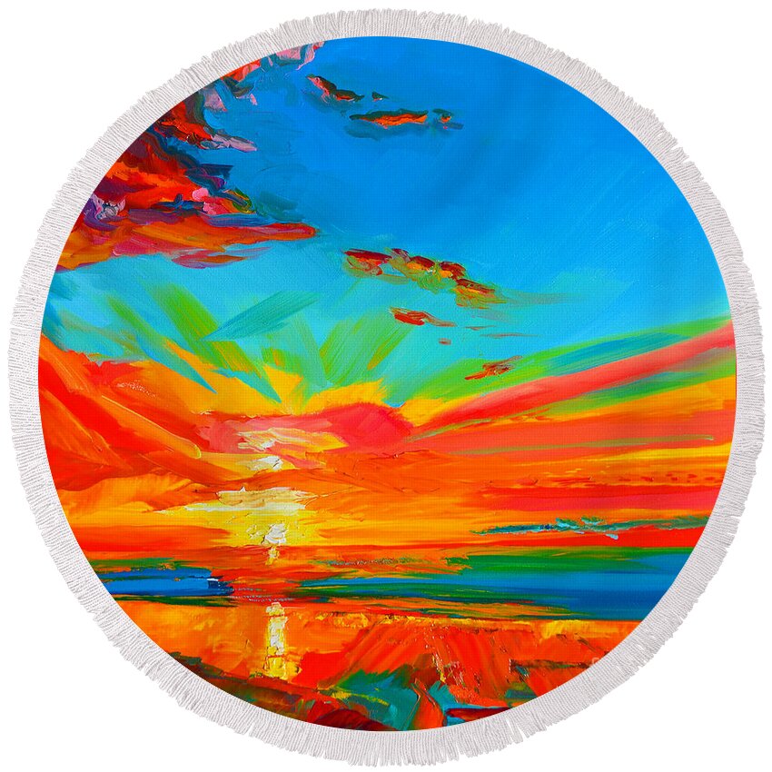 Landscape And Scenic Round Beach Towel featuring the painting Orange Sunset Landscape by Patricia Awapara