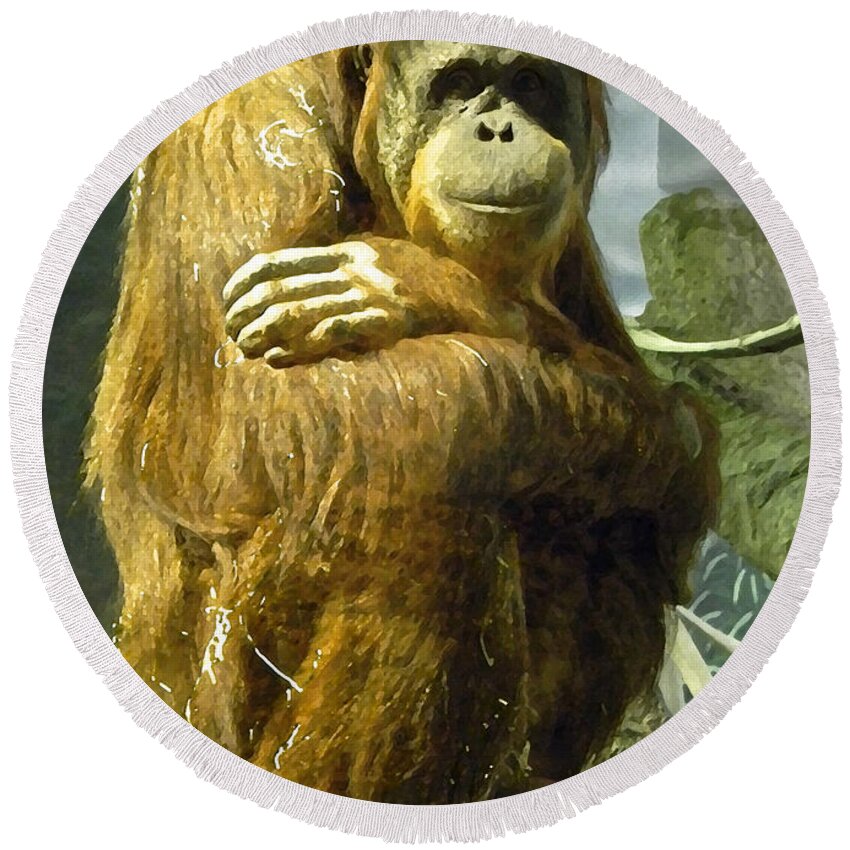 Orangutan Round Beach Towel featuring the digital art Orangutan Meditation by Gary Olsen-Hasek