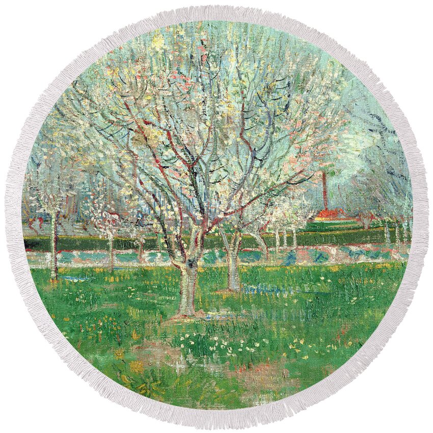 Vincent Van Gogh Round Beach Towel featuring the painting Orchard In Blossom, 1880 by Vincent van Gogh