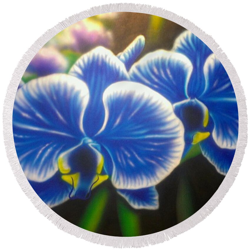 Orchid Round Beach Towel featuring the painting Orchid-Strated Blues by Darren Robinson