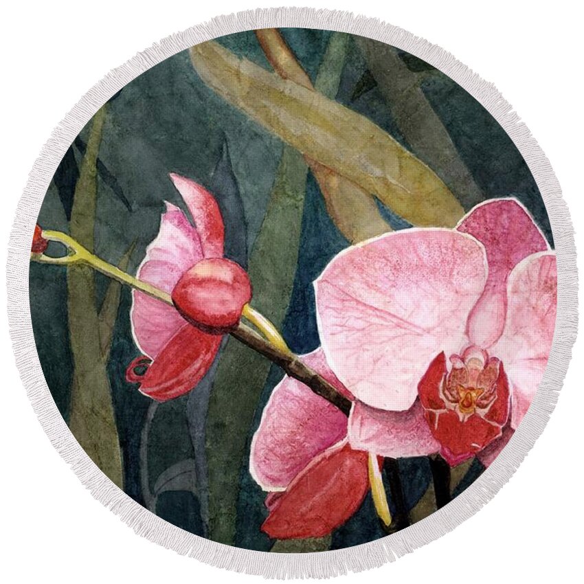 Flowers Round Beach Towel featuring the painting Orchid Trio by Barbara Jewell