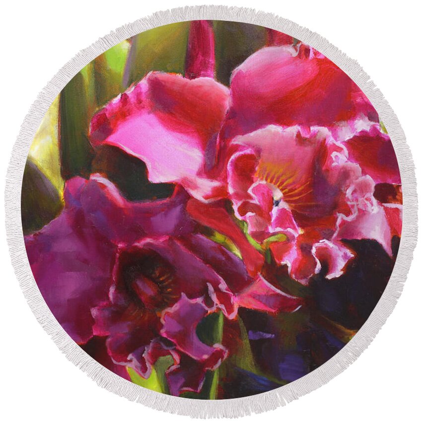 Orchid Round Beach Towel featuring the painting Orchids in Magenta by K Whitworth