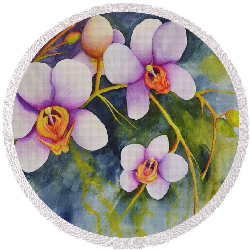 Piston Round Beach Towel featuring the painting Orchids in my Garden by Jane Ricker