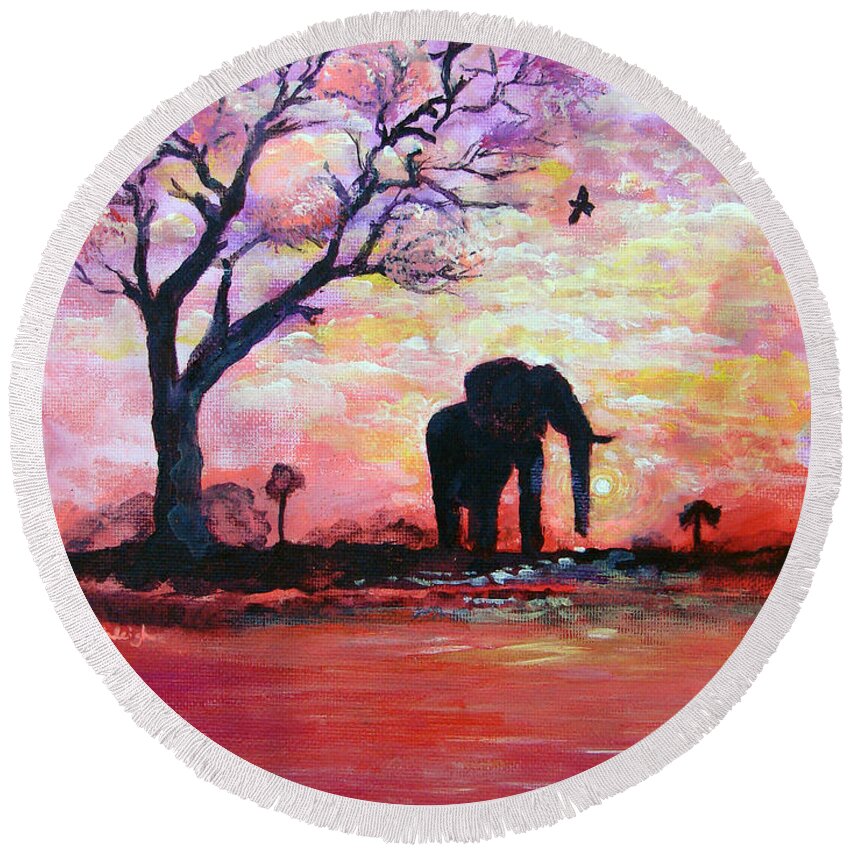 Elephant Round Beach Towel featuring the painting Original Acrylic Elephant Painting Gentle Strength From Within by Ashleigh Dyan Bayer