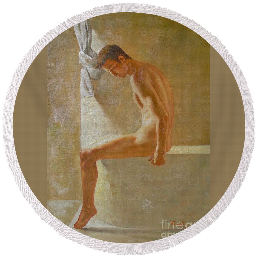 Original Round Beach Towel featuring the painting Original Classic Oil Painting Body Man Art- Male Nude In The Bathroom#16-2-3-01 by Hongtao Huang