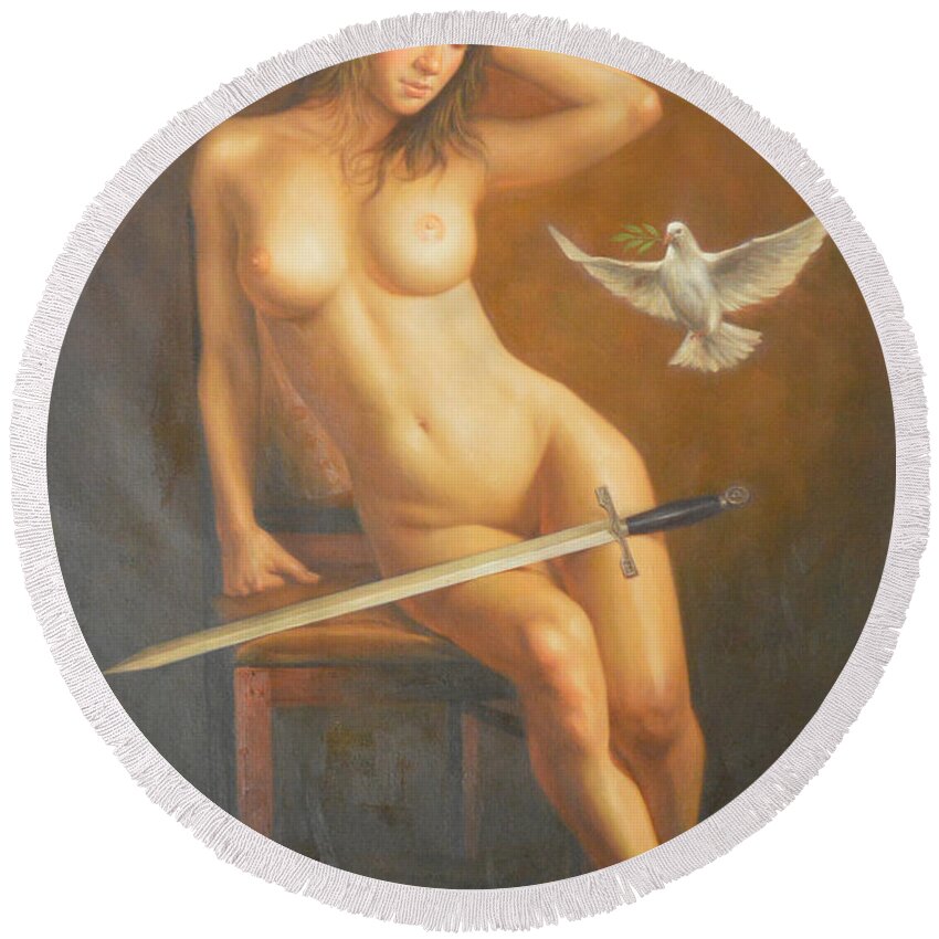 Original Round Beach Towel featuring the painting Original Classic Oil Painting Female Body Art -nude Girl And Sword by Hongtao Huang