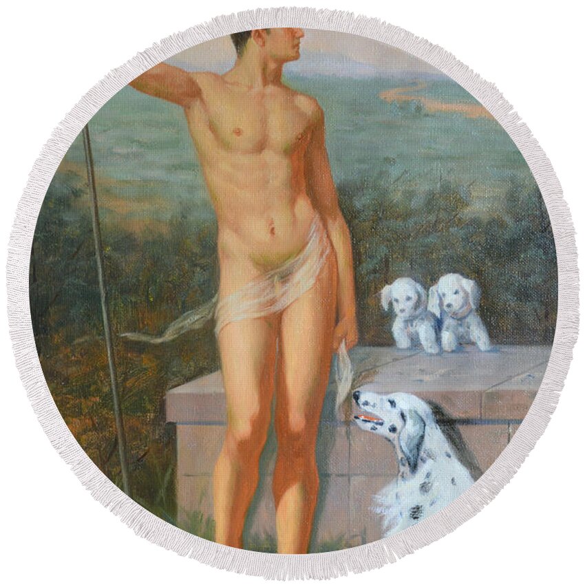 Original. Oil Painting Round Beach Towel featuring the painting Original classic oil painting man body art-male nude and dogs #16-2-4-11 by Hongtao Huang