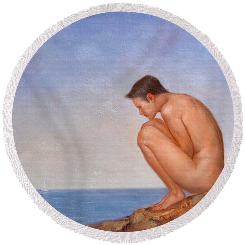 Original. Oil Painting Art Round Beach Towel featuring the painting Original classic oil painting man body art-male nude and sea gull #16-2-4-06 by Hongtao Huang