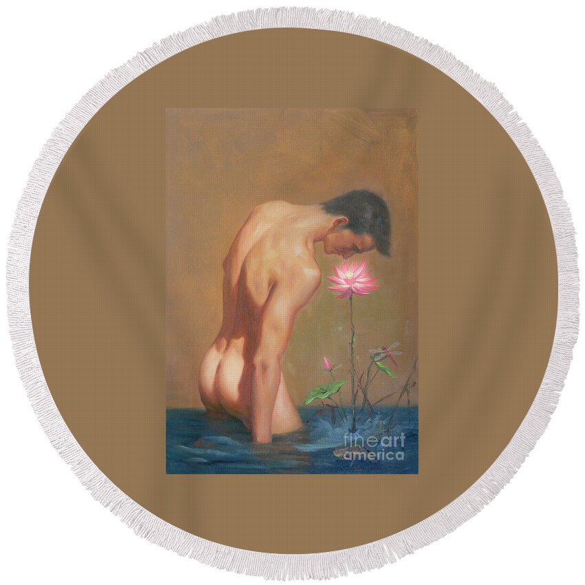 Original Round Beach Towel featuring the painting Original Oil Painting Man Body Art-male Nude And Lotus#16-2-1-01 by Hongtao Huang