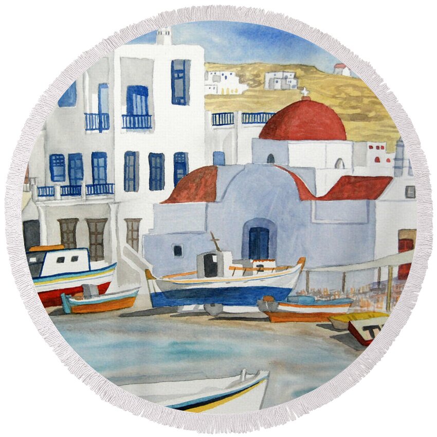 Mykonos Round Beach Towel featuring the painting Watercolor - Mykonos Greece Detail by Cascade Colors
