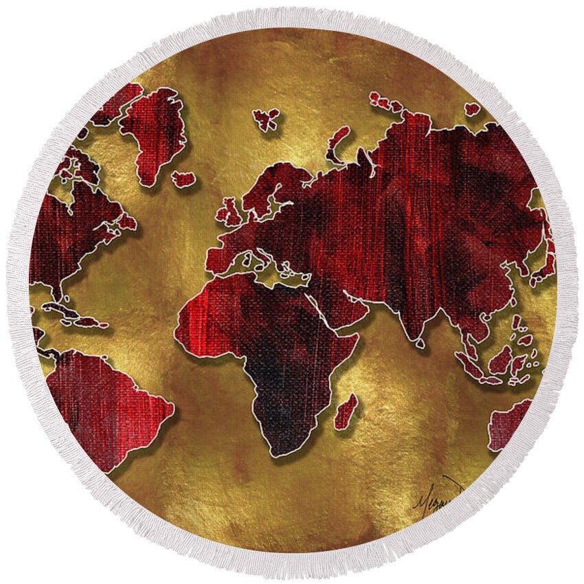 Map Round Beach Towel featuring the painting Original World Map Design Gold and Vibrant Red Unique Art by Megan Duncanson by Megan Aroon