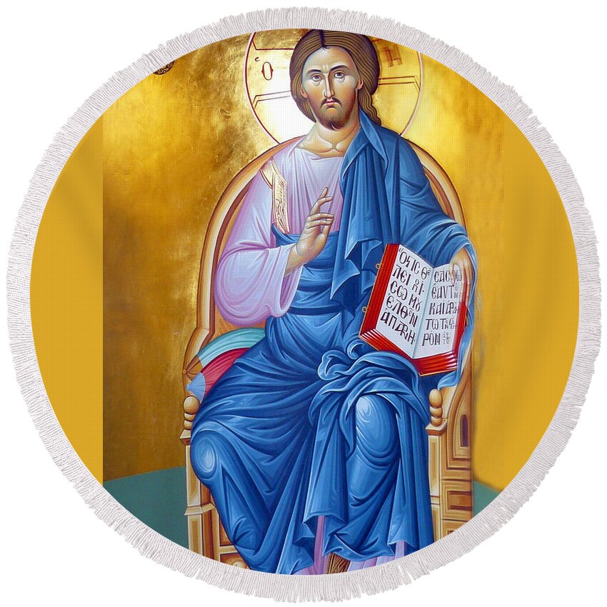 Orthodox Round Beach Towel featuring the painting Orthodox Icon of Jesus in Blue by Munir Alawi